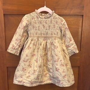 La Coqueta 3Y Cream Floral Smocked Long-Sleeve Dress